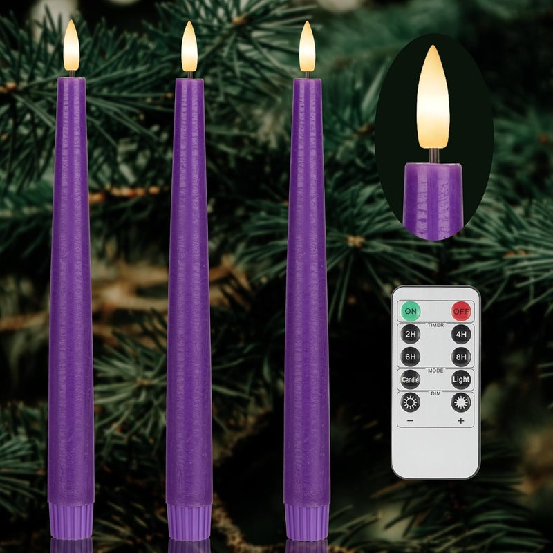 AFINETH Purple Flameless Taper Candles with 3D Wick, 9.6" Real Wax LED Candles with Remote, 3 Pack Flickering Candlesticks Battery Operated, Classic Tall Taper Candle for Home, Wedding, Party - Image 1